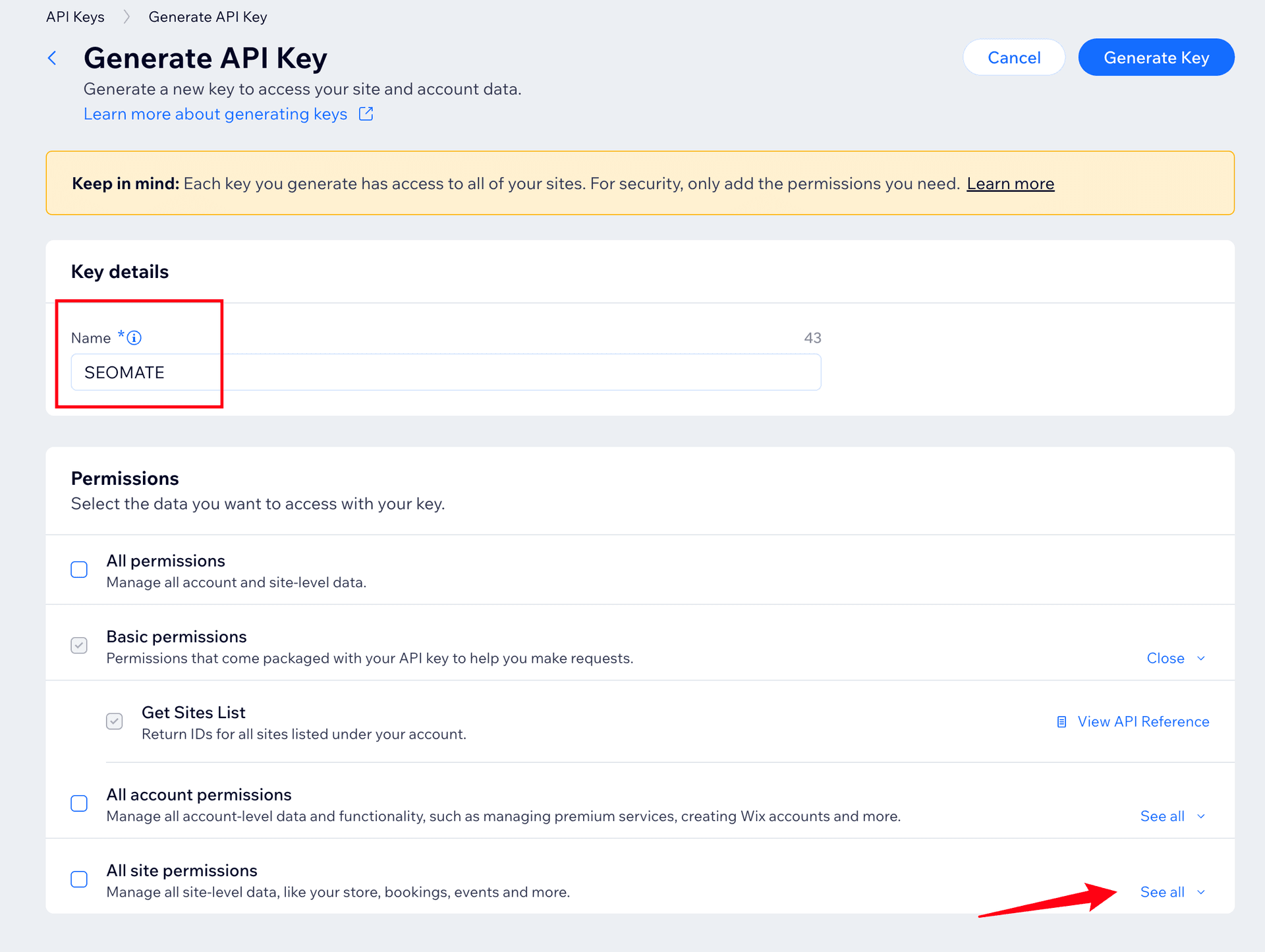 Wix API Key Name